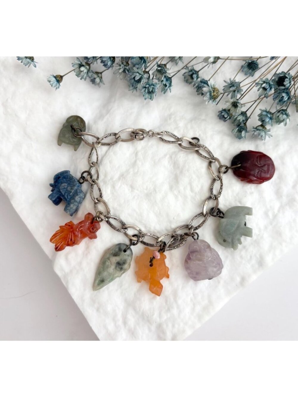 Animal Jade Handcarved Multicolor Vintage Sterling Silver 925 Chainlink Bracelet